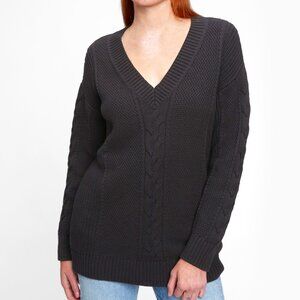 GAP Cable Knit V Neck Fisherman Cotton Tunic Sweater True Black S